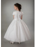Beaded Cap Sleeves Ivory Satin Glitter Tulle Flower Girl Dress